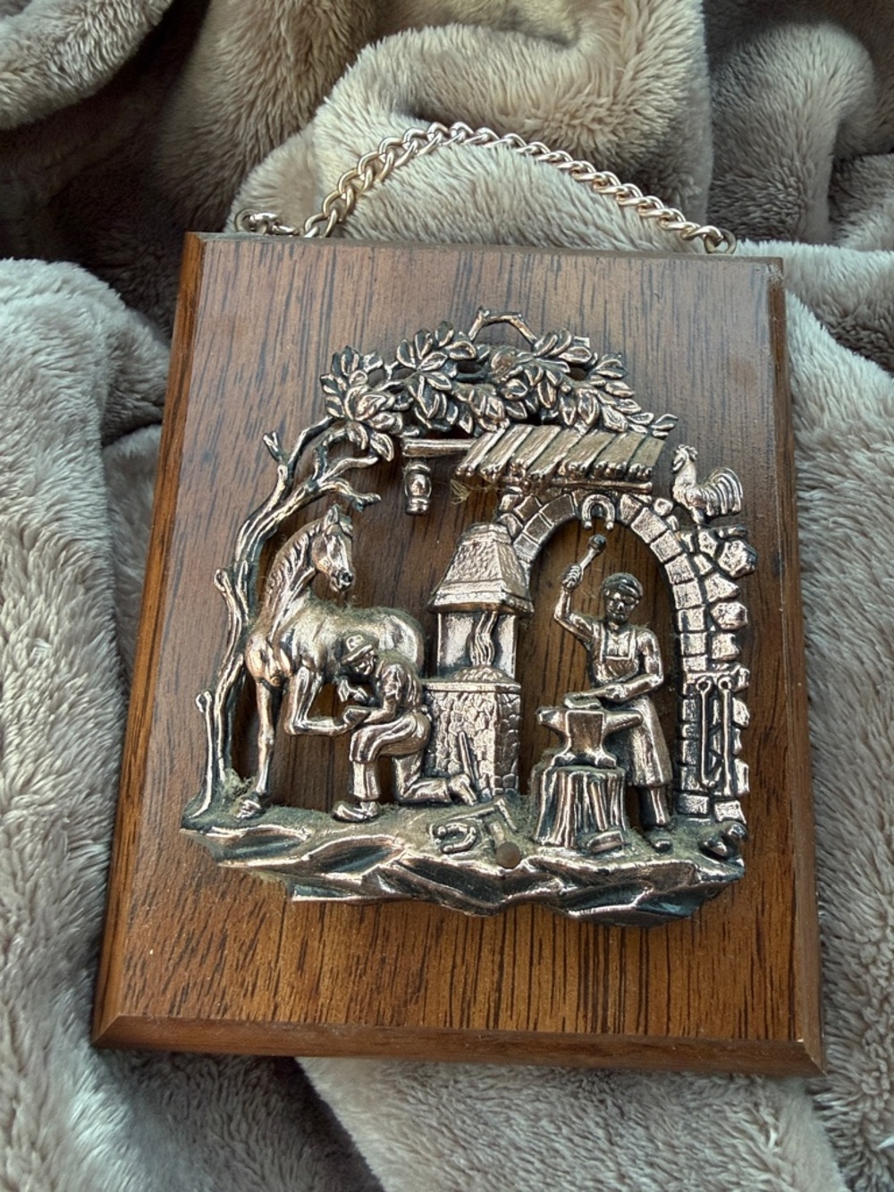 Vintage Metal Relief Wall Plaque on Wood - Horse & Blacksmith Scene